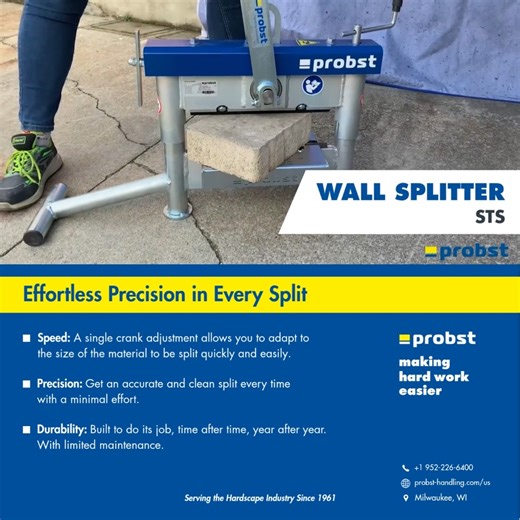 The PROBST Wall Splitter is a fast and easy way to modify your blocks and pavers, on site without the need for a power source or hydraulics. See it in action 👇 Find out more of what Probst offers 👉 https://www.probst-handling.com/us ﻿#EfficiencyAtWork #ProbstHandling #HardscapePros | Probst USA