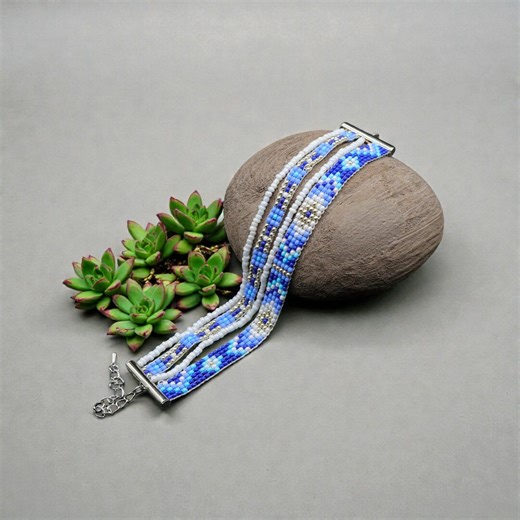 Blue Multi Strand Seed Bead Bracelets, Wide Lomm Multi Layer Beaded Cuff, Colorful Beadwork - Etsy