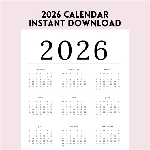 2026 Yearly Calendar Printable | A4, A5, & US Letter | Monday Start | Minimalist Black and White | Instant Download - Etsy New Zealand