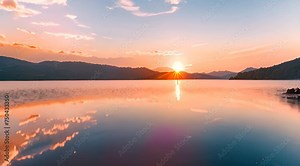Abstract animation of sunset rays in the reflection of the lake. Sun, dawn, evening, horizon, night, sea, twilight, beauty, romance, clouds, sky, glow, love. Generated by AI Stock Video