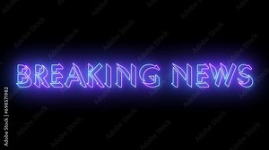 Breaking news cool animation in 4K. Easy to put into any video. Neon-colored text with a glowing moving outline on a dark background. Breaking news for a title, TV news, and news channels.