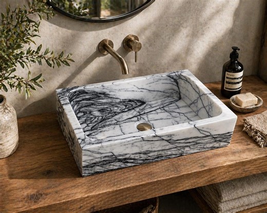 Hand-Carved Marble Vessel Sink, Rectangular Stone Basin, Natural Vanity Bathroom Decor (60 cm)