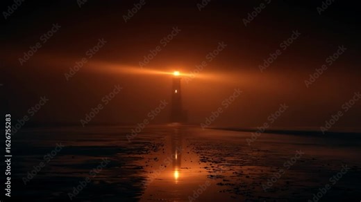 Lighthouse glowing in mist casting serene reflection