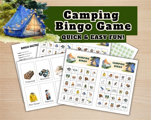 Camping Printable Bingo Game - Bingo Game for Kids, Summer Camp Activity, Camp Games for Kids, Camp Themed Party - Etsy