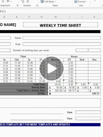 ทำ Weekly Timesheet (Time Sheet) ใน Excel: คำนวณชั่วโมงทำงาน   OT อัตโนมัติ พร้อมตัวอย่างสูตร