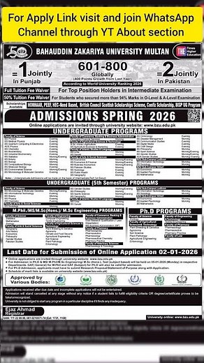 Bahauddin Zakariya University (BZU), Multan - Admissions Spring 2026 #jobs4students_pk #shorts