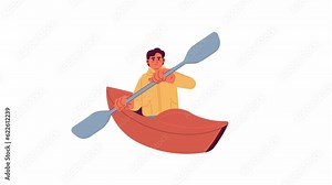 Young caucasian man paddling kayak 2D character animation. Canoeing, water sports flat cartoon 4K video, transparent alpha channel. Guy rowing with paddle animated person on white background