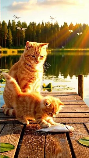 Mother Cat Teaches Kitten to Fish! 🎣 Adorable Fishing Day Adventure by the Lake 🐱