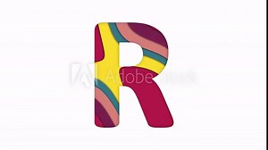 Multi-colored inscription latin letter R with colored spots floating inside. Looped from frame 120 to 839, Alpha BW at the end