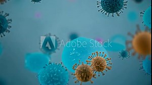 A close-up image of various viruses, including one with a prominent spike structure, in a blue background.