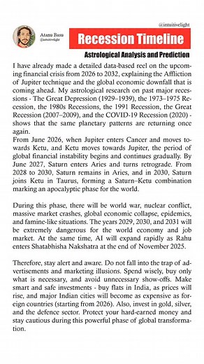 📉Recession Timeline – Astrological Analysis and Prediction ✅I’ve already created a detailed data-based reel on the global financial crisis (2026–2032), explaining the Affliction of Jupiter technique and the major economic downfall that’s coming ahead. ✅My astrological research on past historic recessions - The Great Depression (1929–1939), the 1973–1975 Recession, the 1980s Recessions, the 1991 Recession, the Great Recession (2007–2009), and the COVID-19 Recession (2020) - shows that the same p