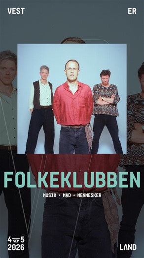 𝗙𝗢𝗟𝗞𝗘𝗞𝗟𝗨𝗕𝗕𝗘𝗡 🌷 Kære venner Det næste navn på plakaten er en klub, som vi virkelig gerne vil være medlem af - ta’ godt imod 𝗙𝗼𝗹𝗸𝗲𝗸𝗹𝘂𝗯𝗯𝗲𝗻 🙌 Folkeklubben har haft en længere pause fra scenerne, og derfor er vi ekstra glade for, at de har valgt at spille til Vesterland 2026. Gennem 15 år givet de givet os sange som ‘Sort Tulipan’, ‘Fedterøv’, ‘Men ikke endnu en vinter’, 'Tranquebar’ og ‘Børn af den tabte tid’ - i sensommersolen skal vi synge og danse til alle sangene sammen