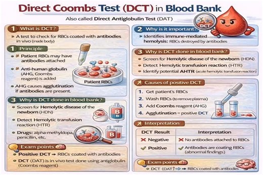 lab on Instagram: "DCT (Direct Coombs Test) / DAT DCT stands for Direct Coombs Test, also called Direct Antiglobulin Test (DAT). What is DCT? It is a blood bank test used to detect antibodies or complement proteins already attached to red blood cells (RBCs) inside the patient’s body (in vivo). Principle Patient’s RBCs may be coated with IgG or complement Anti-human globulin (AHG / Coombs reagent) is added Agglutination = DCT positive Uses / Indications Hemolytic disease of the newborn (HDN) Hemo