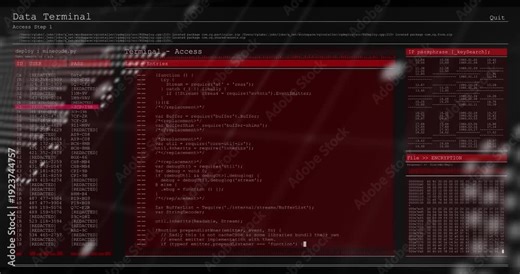 Red UI sliding in, dotted map zooming out, code filling panels, dots drifting, showing live data
