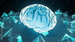 Visualization of a brain surrounded by microplastic particles, illustrating the problem of plastic entering the human body