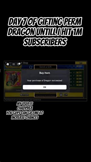day 7 of gifting perm dragon until 1m subscribers #roblox #bloxfruits #giveaway