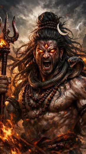 Ultra realistic angry Lord Shiva (Mahadev), intense glowing red eyes, third eye fully open emitting