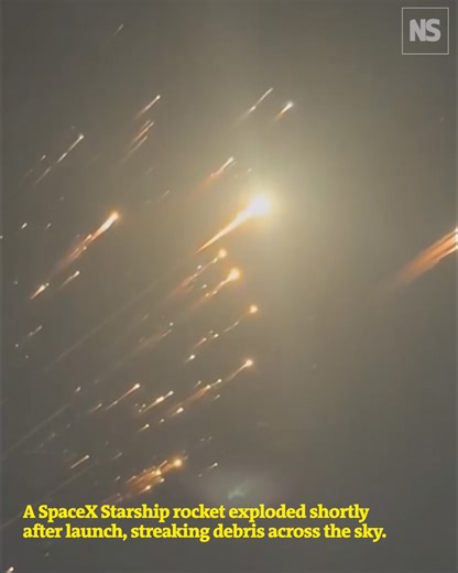 137K views · 1K reactions | SpaceX Starship exploded shortly after launch, streaking debris across the sky. The rocket was successfully launched from SpaceX’s site in Texas, however, after around eight and a half minutes, the upper stage entered an out-of-control spin before losing contact and exploding. | New Scientist | Facebook