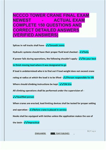 NCCCO TOWER CRANE FINAL EXAM NEWEST ACTUAL EXAM COMPLETE 150 QUESTIONS AND CORRECT DETAILED ANSWERS