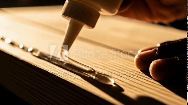 Applying glue to wood for a strong bond, perfect for woodworking projects and DIY crafts. A dynamic action shot for creative content and instruction.