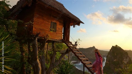 4K slow-motion video shows a woman walking up the stairs of a treehouse at sunrise on the island of Nusa Penida, Bali, Indonesia.