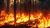 Intense flames engulf the trees, with the forest burning fiercely in...