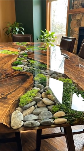 versa_epoxy on Instagram: "Bringing the outdoors in with this stunning live-edge river table. The combination of walnut, river stones, and moss creates a miniature landscape frozen in time. Would you put this in your dining room? 👇 . . . #EpoxyTable #Woodworking #InteriorDesign #HomeDecor #Satisfying NatureLovers LiveEdge FurnitureDesign DIYArt LuxuryHome"