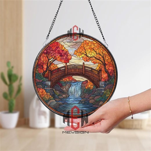 Autumn Bridge Stained Glass Suncatcher Round Waterfall Landscape Window Hanging, Fall Forest Sun Catcher Home Decor Gift - Etsy