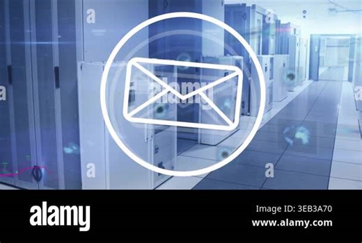 Animation of envelope email icon over processing data and computer server room. Digital interface, data, network, connection and communication, digitally generated video Stock Video Footage - Alamy