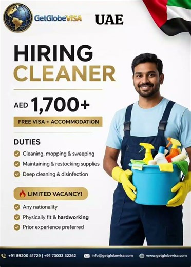 UAE Job 2026 | Cleaner Hiring 🇦🇪 | AED 1700+ Salary + Free Visa & Accommodation | Apply Now #shorts