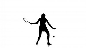 Tennis player hits the ball using a racket. Slow motion. White background. Silhouette