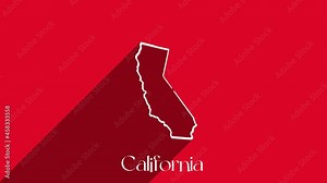 Animated line map showing the state of California from the United State of America. USA. California state lettering isolated on red background with shadow