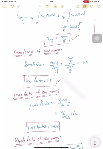 Average value and form factor, peak factor, ripple factor of sine wave