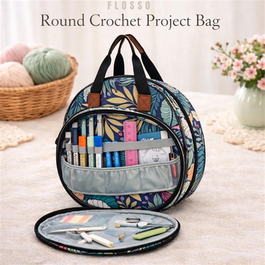 Round Craft Project Bag – Crochet, Knitting and Embroidery Organizer, Purple/white Floral/leafy - Etsy