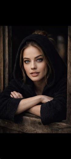 PROMPT: Create an ultra-realistic cinematic portrait based on the attached image of a young woman leaning out of a rustic wooden window, wearing a large black hood, arms crossed and resting on the window frame. Soft natural daylight illuminates her face, piercing eyes with sharp focus and smooth skin texture, natural makeup, slightly messy hair tied in a loose bun with a few strands falling naturally. Dark, moody background inside the room, weathered wood textures on the window frame, shallow de