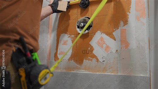 POV of a construction worker measuring a tile wall surface with a tape measure during bathroom renovation. precise layout planning, tile installation, surface preparation.