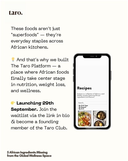 Taro on Instagram: "🌍✨ African Ingredients Missing from the Global Wellness Space⬇️ The wellness industry has celebrated chia, matcha, and quinoa… but what about hibiscus, teff, moringa, fonio, and baobab? ⬇️ For centuries, these African ingredients have been at the heart of nourishing, healing, and energizing communities. Yet, they’re still missing from mainstream conversations.⬇️ At Taro, we’re changing that. We bring African-rooted wellness to the forefront — with recipes, meal plans,