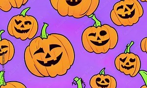 A vibrant display of cartoon pumpkins with playful expressions against a bright purple background, perfect for Halloween festivities. Stock Video