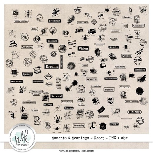 Moments and Meanings Reset Word Arts, 140 Black Stamps PNG ABR, Vintage Distressed Labels and Dates, January 2026 Scrapbooking - Etsy