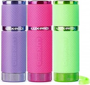 LUXPRO 3 Pack Mini Flashlights - LP395 Gel Glow in Dark - Aluminum LED Flashlights with Maximum Brightness of 40 Lumens - IPX4 Water Resistant - 3 AAA Batteries Included - Purple, Pink, Green
