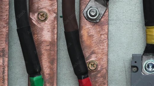 Electrical wiring connections, close up view of copper busbar and cable terminals inside a power distribution box.