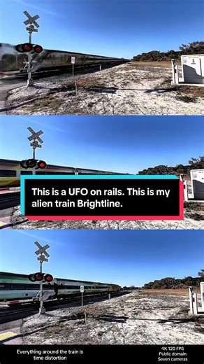 This is an alien holographic projection of a Brightline train in Jensen Beach Florida. Today is Friday the 13th. February 2026. There are several hundred entangled spacecraft. They are stacked together to form a projection of a bright line high-speed train. They are stacked on top of each other. They usually look like wagon, wheels, or hexagons. They are currently pretending to be a train. This is just basically a UFO on rails. I believe it or not. My wife and I document UFO and alien activity i
