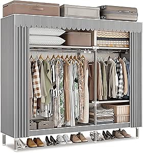 Portable Closet, Portable Wardrobe clothing storage - Extra Strong and Durable portable clothes rack, Gray Stripes Cover, Assembly, 57 x 18 x 68 Inches