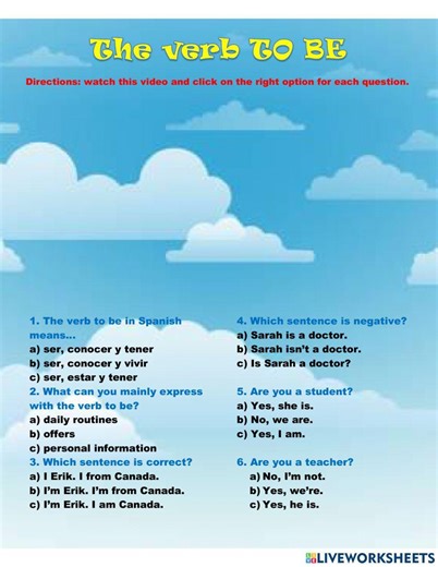 The Verb TO BE English as a Second Language (ESL) activity