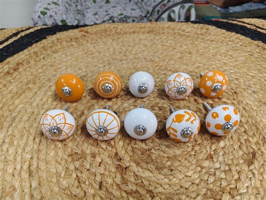 Set of 10 Ceramic Cabinet Knobs – Boho Orange White Hand Painted Drawer Pulls, Floral & Polka Dot Decorative Knobs, Kitchen Dresser Hardware - Etsy