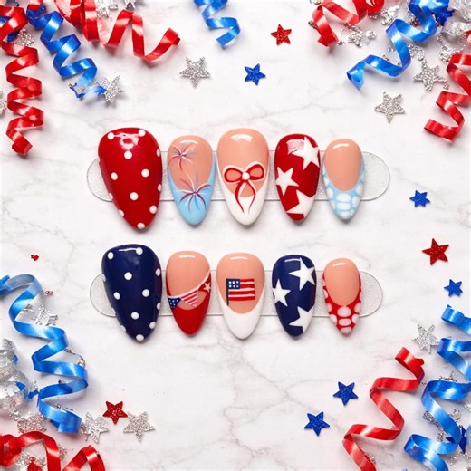 Handmade 4th of July Nails: Red White Blue Bow & Stars, USA Flag Nail, Reusable Nail Art, Patriotic Nail - Etsy