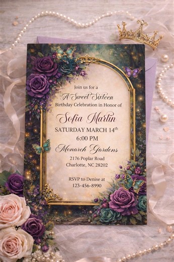 Enchanted Garden Sweet 16 Invitation Template | Fairy Butterfly Purple Rose | Editable Canva | Instant Download | 5x7 Birthday Invite - Etsy