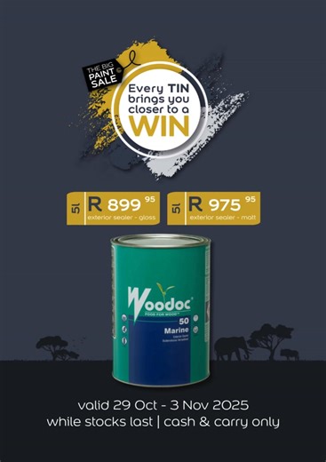 Big Paint Sale. Big Savings. Big Giveaway. The Big Paint Sale is back for 5 days only - happening right here at The Paint Store and Dulux SPC Klerksdorp! Save on selected paints, primers, crack-fillers, and more - some of your favourite deals are back, plus a few exciting new ones! And don’t forget - when you spend R500 or more, you’re automatically entered into our lucky draw to win a luxury Bona Bona Game Lodge breakaway for two! Paint. Save. Win. Repeat. #ThePaintStore #TheBigPaintSale #Every