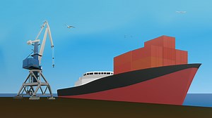 Cargo crane and container ship in port. Vector illustration.