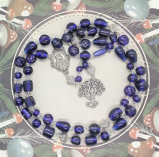 Cobalt blue tree of life goddess rosary necklace